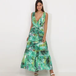 Discount La Modeuse Robe longue ceinturée à imprimé tropical Blanc