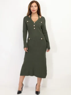 Hot La Modeuse Robe longue cut out à boutons Kaki