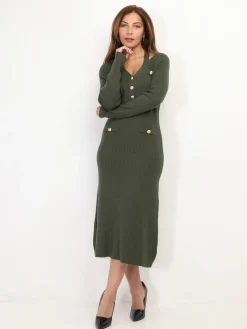 Hot La Modeuse Robe longue cut out à boutons Kaki