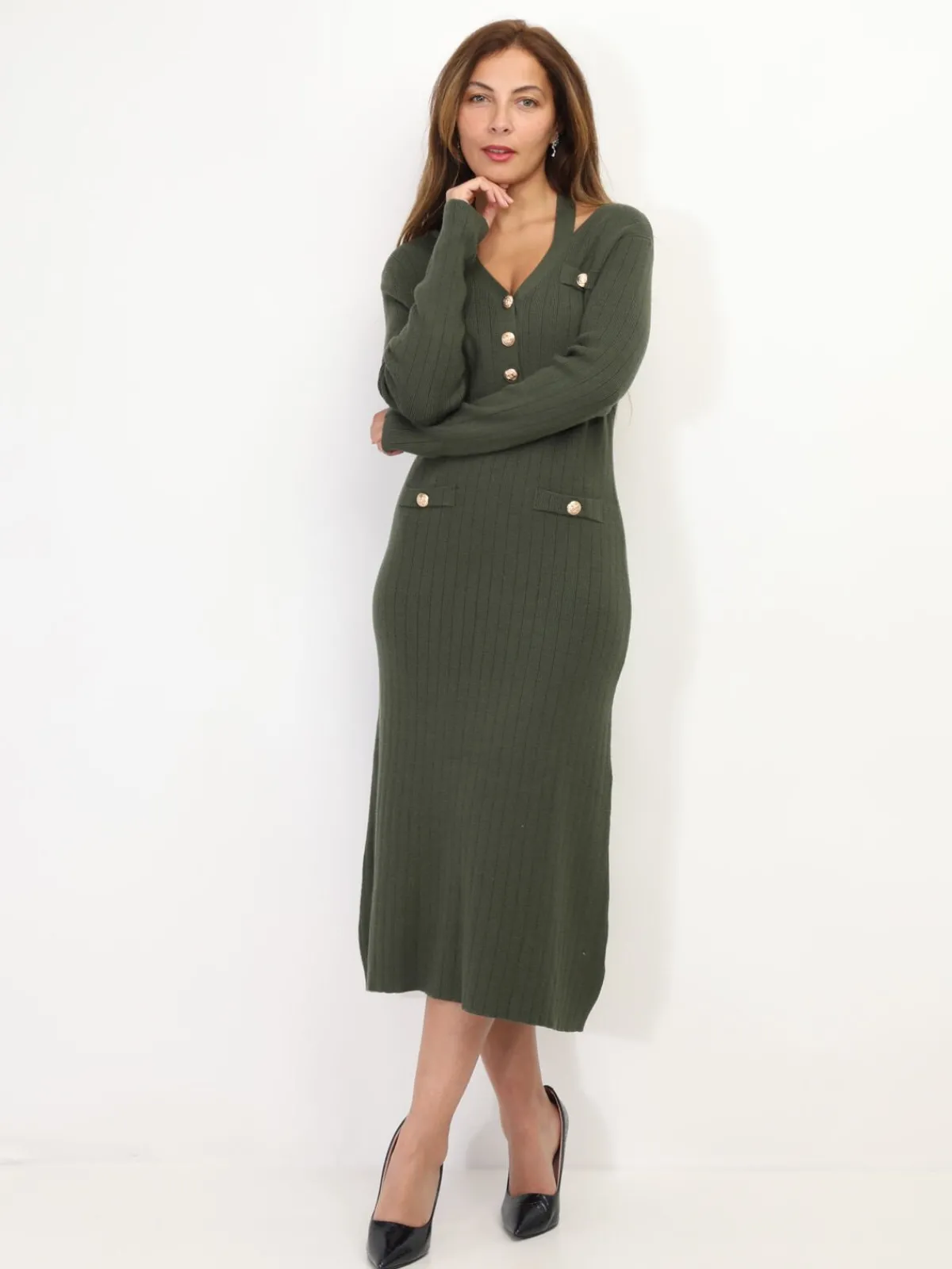 Hot La Modeuse Robe longue cut out à boutons Kaki