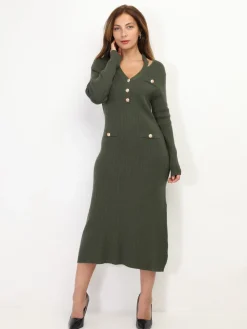Hot La Modeuse Robe longue cut out à boutons Kaki