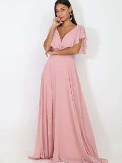 Best La Modeuse Robe longue décolleté à volants VieuxRose
