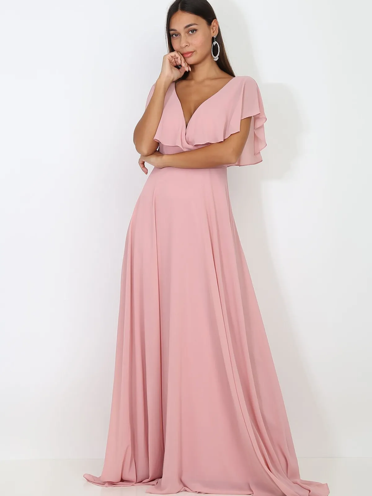 Best La Modeuse Robe longue décolleté à volants VieuxRose