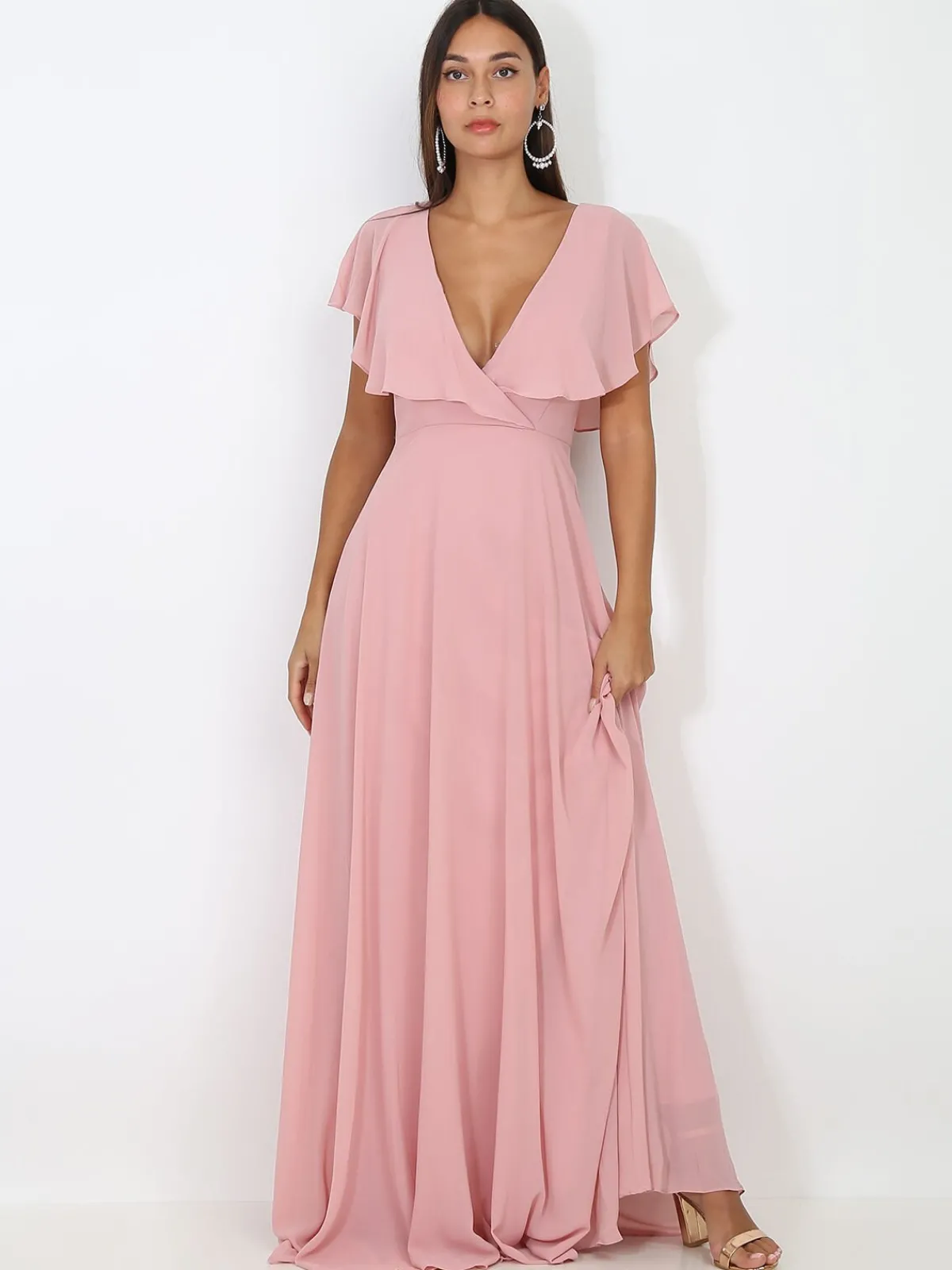 Best La Modeuse Robe longue décolleté à volants VieuxRose