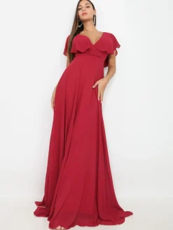 Hot La Modeuse Robe longue décolleté à volants Cerise