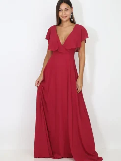 Hot La Modeuse Robe longue décolleté à volants Cerise