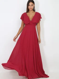 Hot La Modeuse Robe longue décolleté à volants Cerise