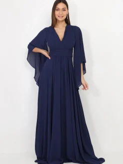 Clearance La Modeuse Robe longue drapée à manches volants BleuMarine