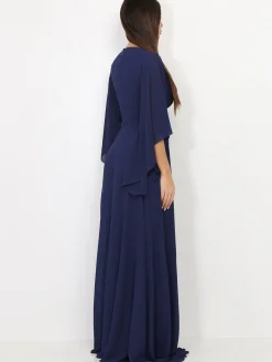 Clearance La Modeuse Robe longue drapée à manches volants BleuMarine