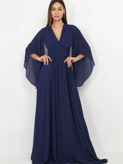 Clearance La Modeuse Robe longue drapée à manches volants BleuMarine