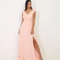 Discount La Modeuse Robe longue drapée avec fente Rose