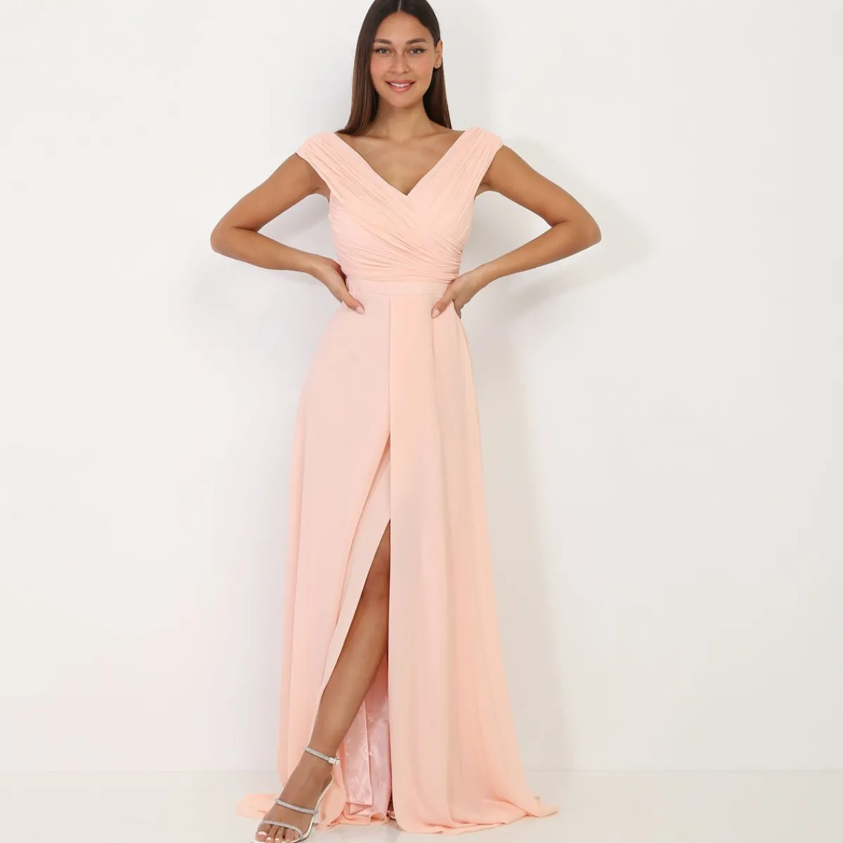 Discount La Modeuse Robe longue drapée avec fente Rose
