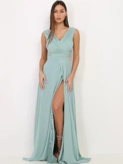 Sale La Modeuse Robe longue drapée avec fente Vertclair