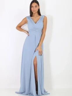 La Modeuse Robe longue drapée avec fente BleuGivré