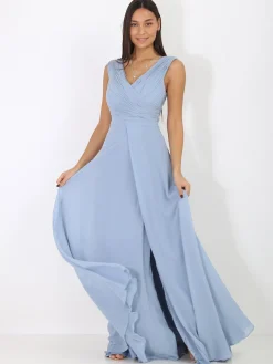 La Modeuse Robe longue drapée avec fente BleuGivré