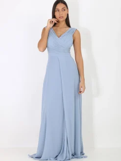 La Modeuse Robe longue drapée avec fente BleuGivré