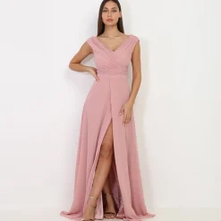 New La Modeuse Robe longue drapée avec fente VieuxRose
