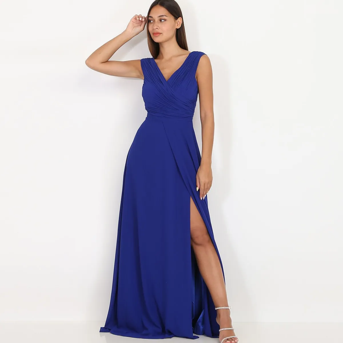 Discount La Modeuse Robe longue drapée avec fente Bleu