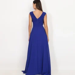 Discount La Modeuse Robe longue drapée avec fente Bleu