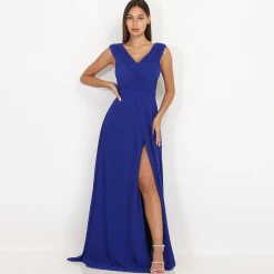 Discount La Modeuse Robe longue drapée avec fente Bleu
