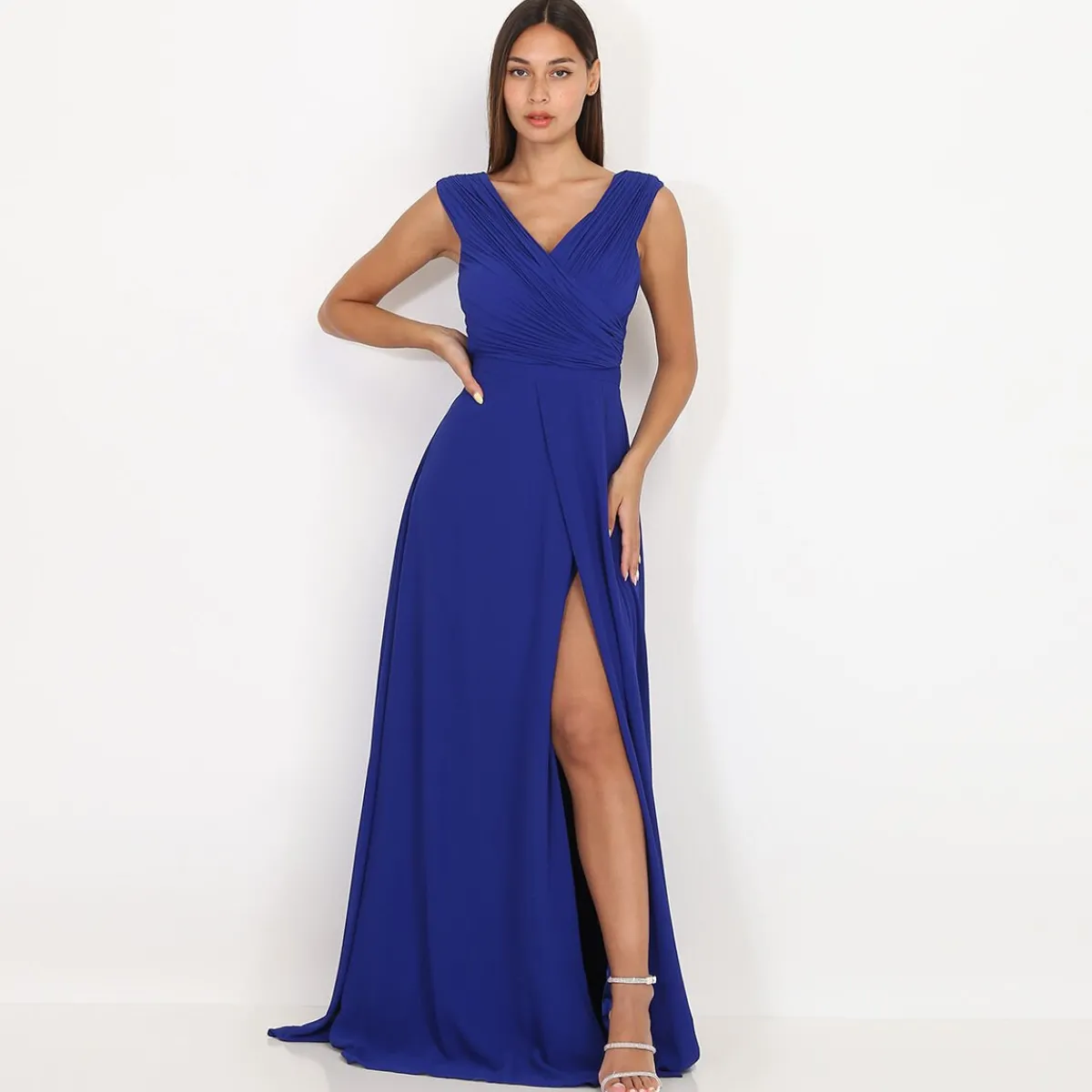 Discount La Modeuse Robe longue drapée avec fente Bleu