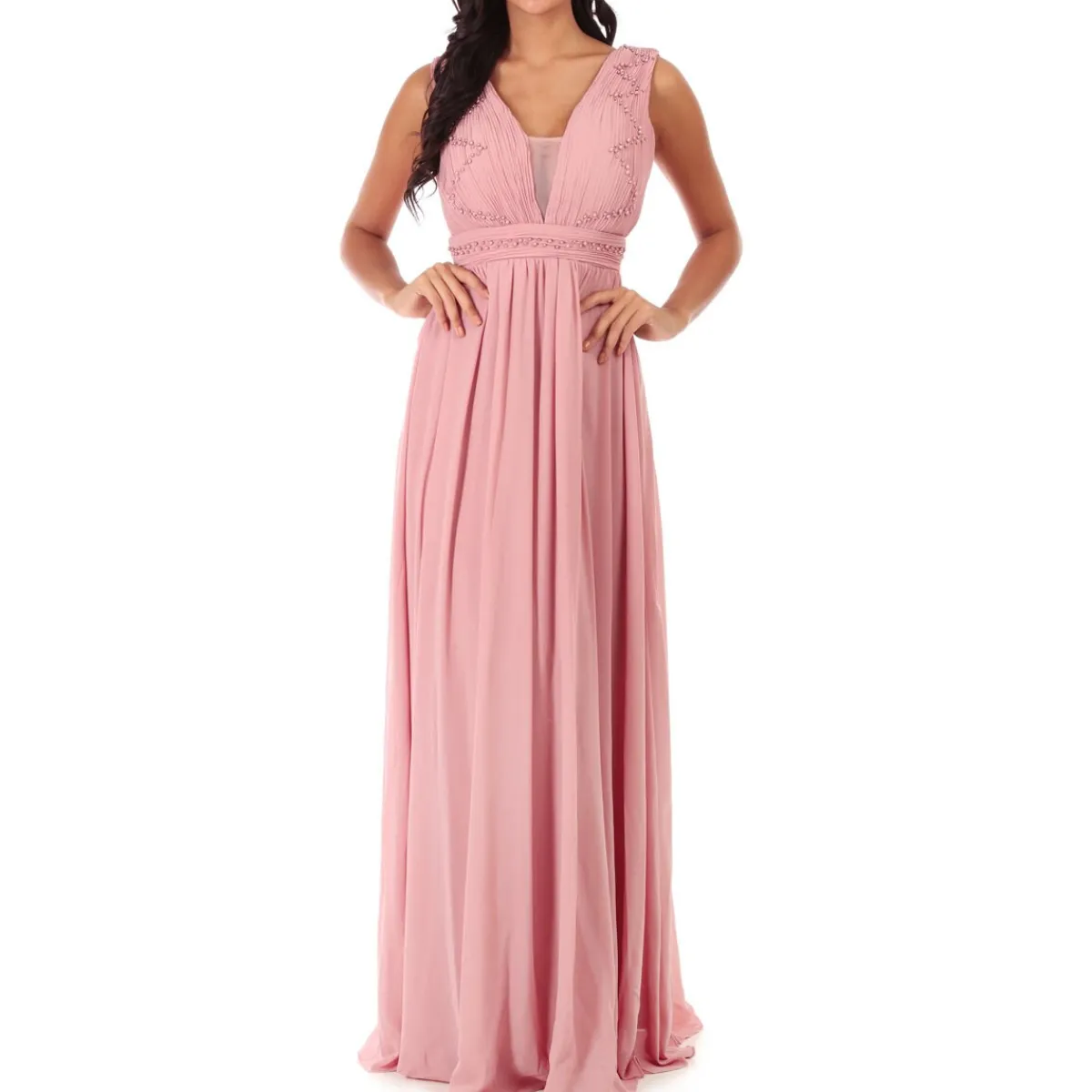 Best La Modeuse Robe longue drapée brodée de perles VieuxRose
