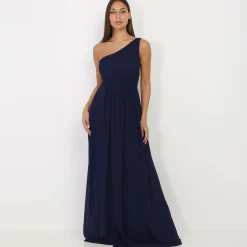 Sale La Modeuse Robe longue drapée one shoulder BleuMarine