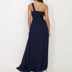 Sale La Modeuse Robe longue drapée one shoulder BleuMarine