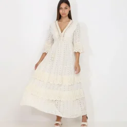 Online La Modeuse Robe longue en broderie anglaise à volants Beige