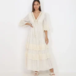 Online La Modeuse Robe longue en broderie anglaise à volants Beige