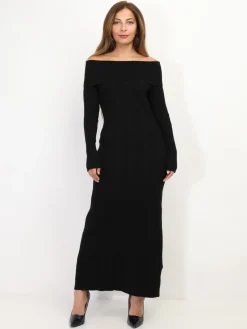 Discount La Modeuse Robe longue en maille à col bardot Noir