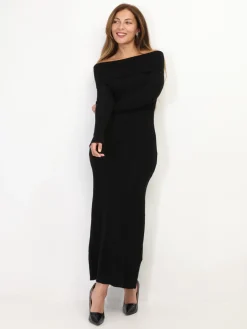 Discount La Modeuse Robe longue en maille à col bardot Noir
