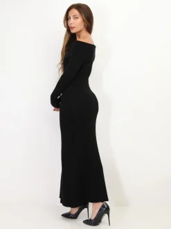 Discount La Modeuse Robe longue en maille à col bardot Noir