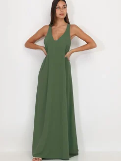 Outlet La Modeuse Robe longue et ample à dos croisé Kaki