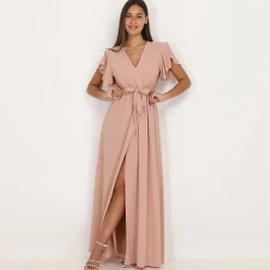 Best La Modeuse Robe longue fendue à col cache coeur VieuxRose
