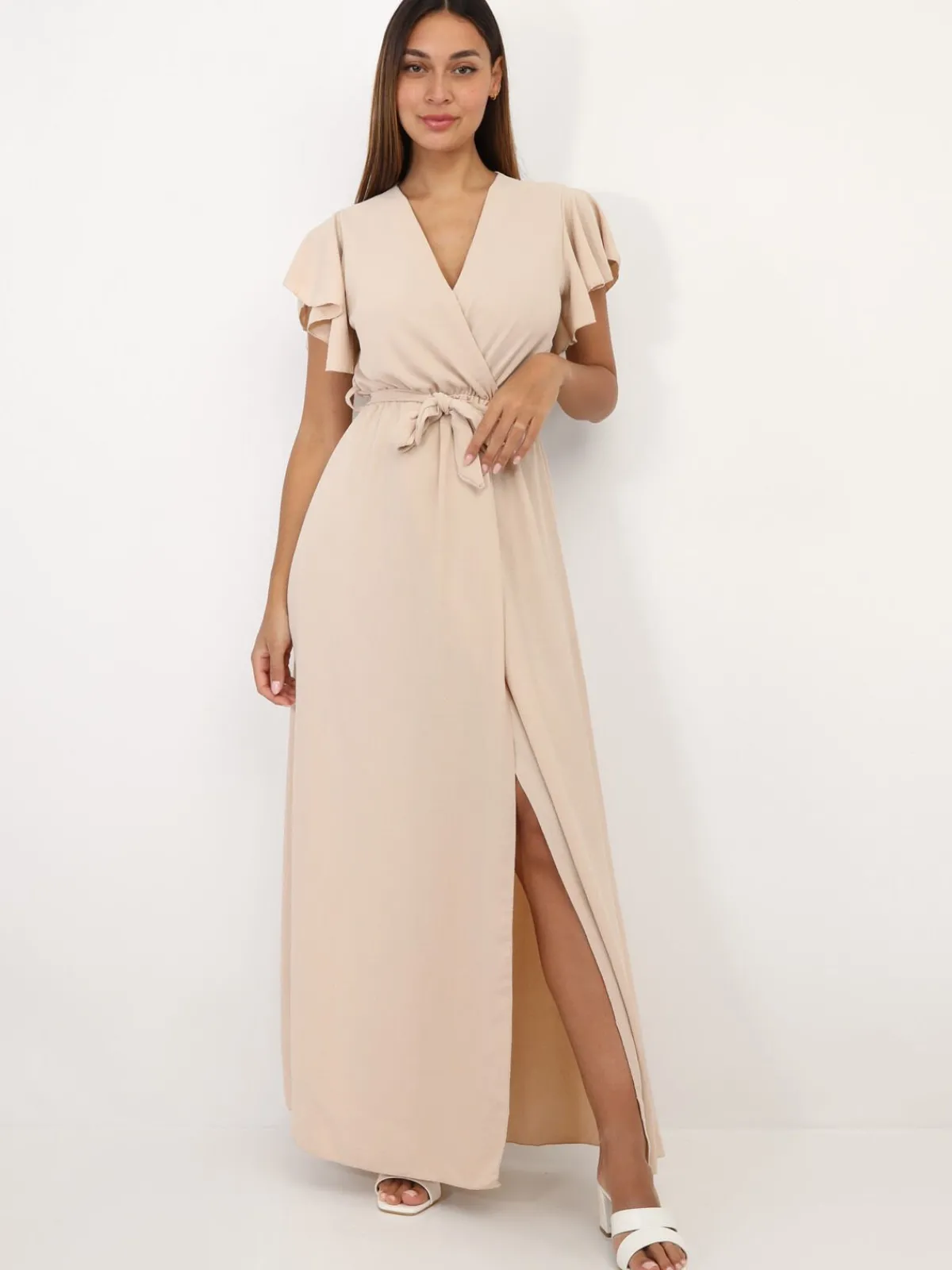 Outlet La Modeuse Robe longue fendue à col cache coeur Beige