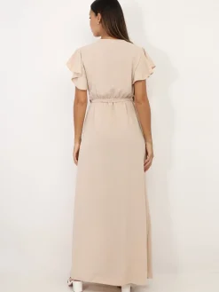 Outlet La Modeuse Robe longue fendue à col cache coeur Beige