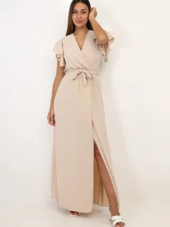 Outlet La Modeuse Robe longue fendue à col cache coeur Beige