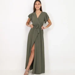 Discount La Modeuse Robe longue fendue à col cache coeur Kaki