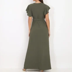 Discount La Modeuse Robe longue fendue à col cache coeur Kaki