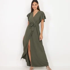 Discount La Modeuse Robe longue fendue à col cache coeur Kaki