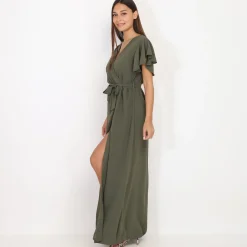 Discount La Modeuse Robe longue fendue à col cache coeur Kaki