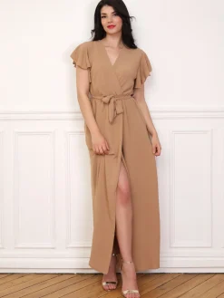 Online La Modeuse Robe longue fendue à col cache coeur Marron