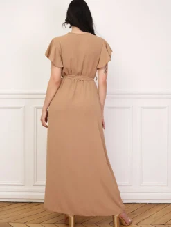 Online La Modeuse Robe longue fendue à col cache coeur Marron