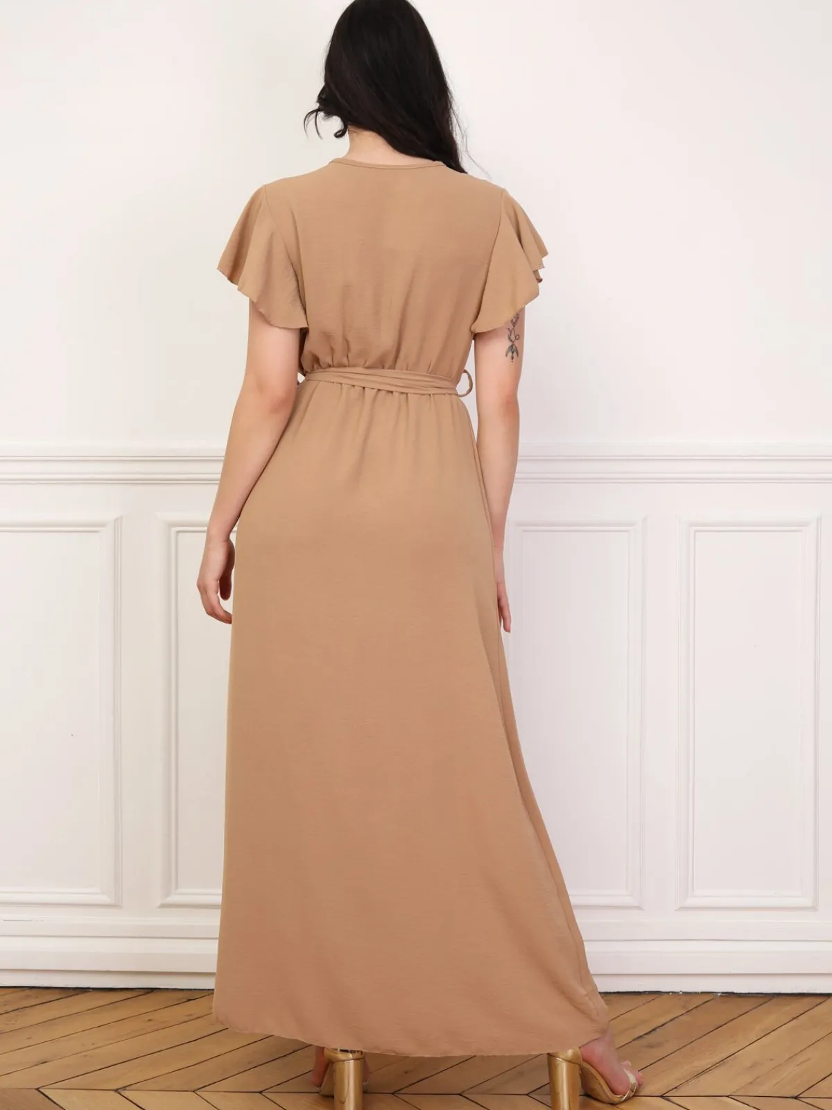 Online La Modeuse Robe longue fendue à col cache coeur Marron