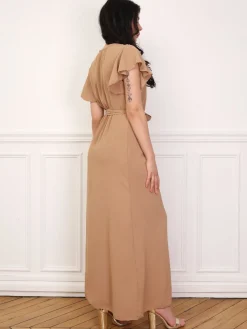 Online La Modeuse Robe longue fendue à col cache coeur Marron
