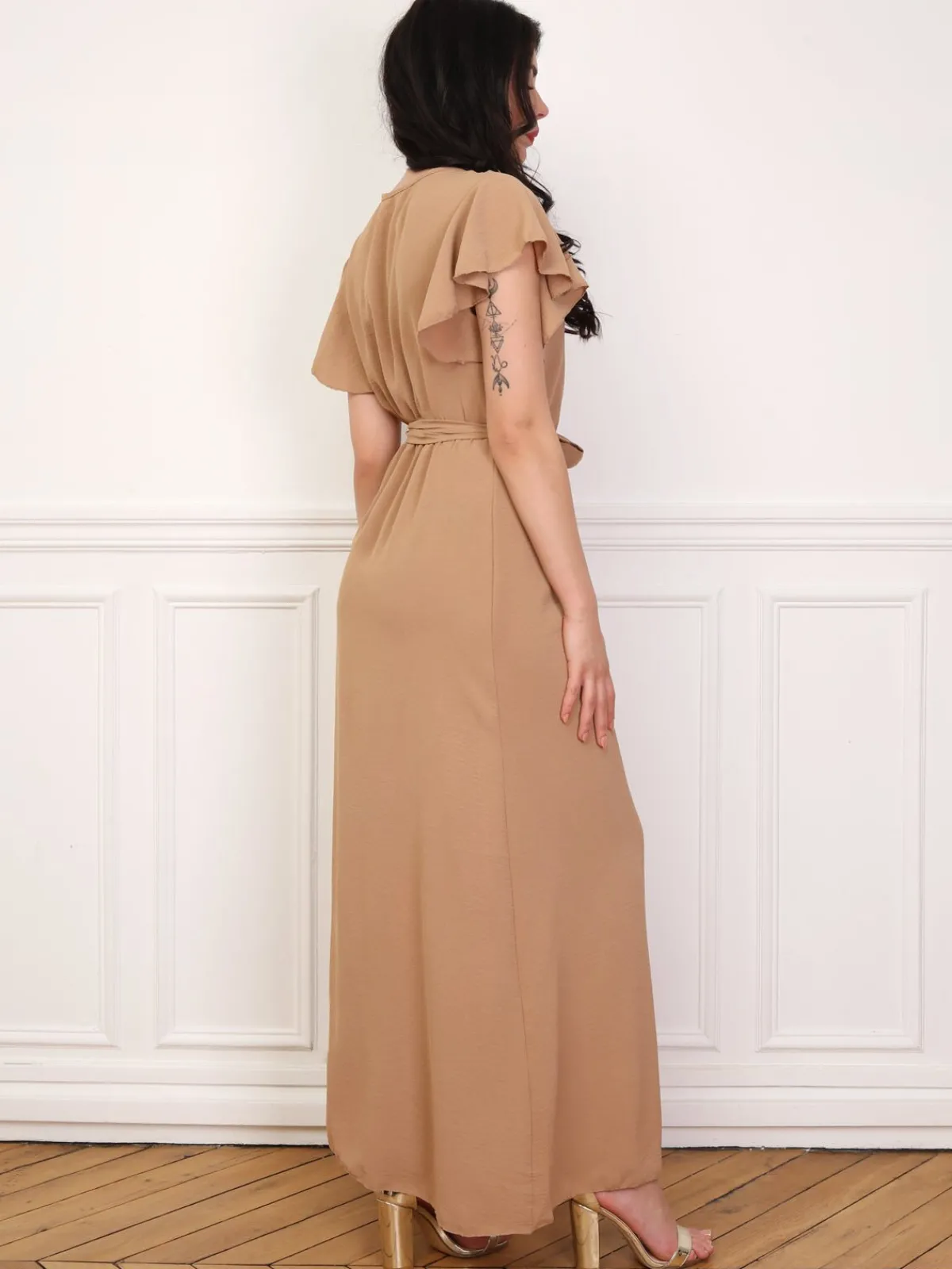 Online La Modeuse Robe longue fendue à col cache coeur Marron