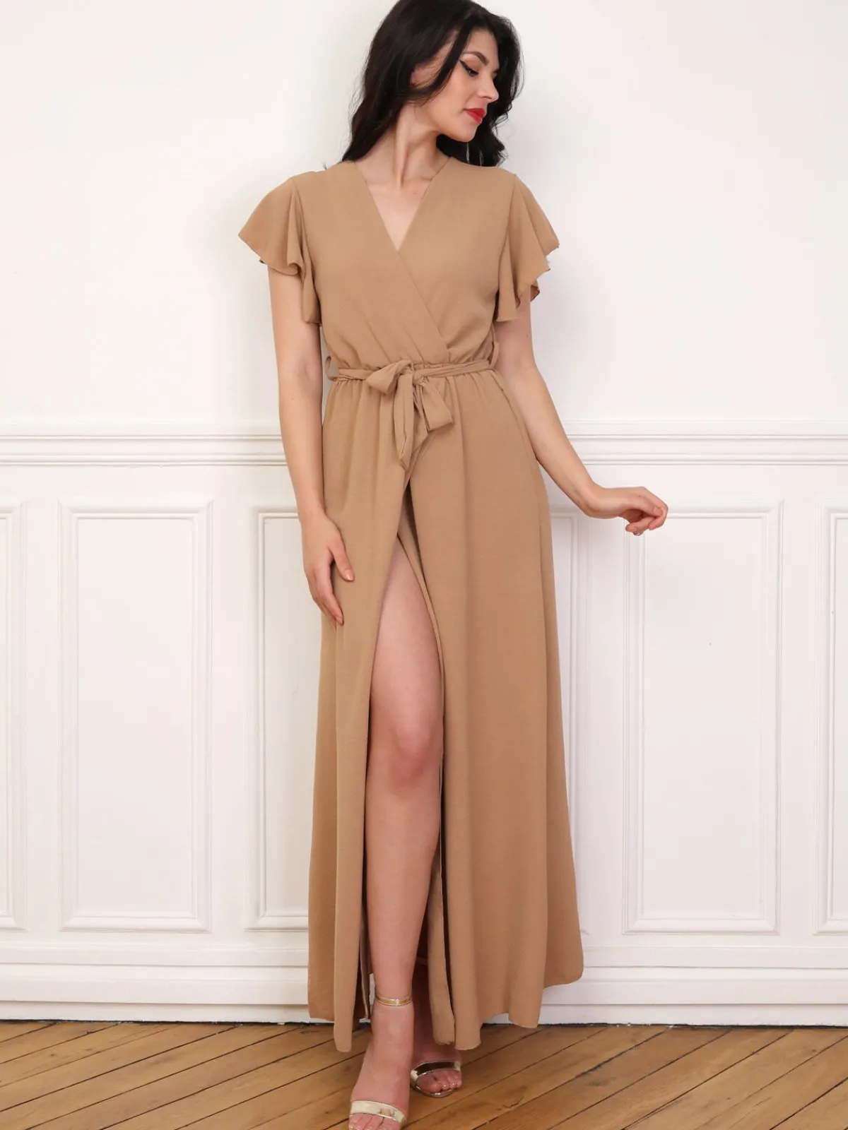 Online La Modeuse Robe longue fendue à col cache coeur Marron
