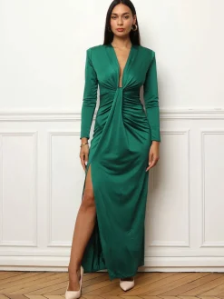 Sale La Modeuse Robe longue fendue à détail noué Vertfoncé