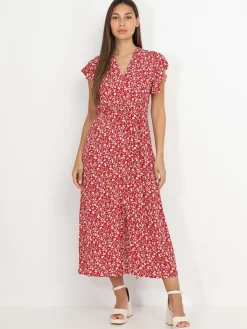 La Modeuse Robe longue fendue à fleurs et volants Rouge